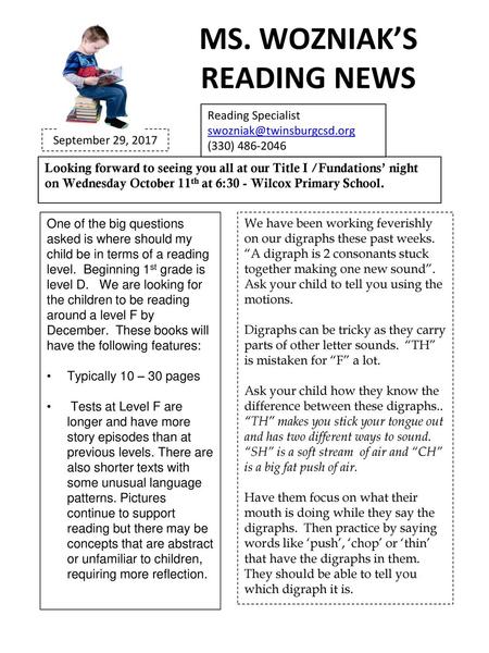 MS. WOZNIAK’S READING NEWS