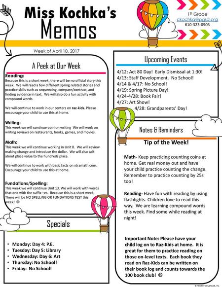 Memos Miss Kochka’s Specials Upcoming Events A Peek at Our Week