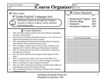 Course Organizer 8th Grade English/ Language Arts Course Standards: