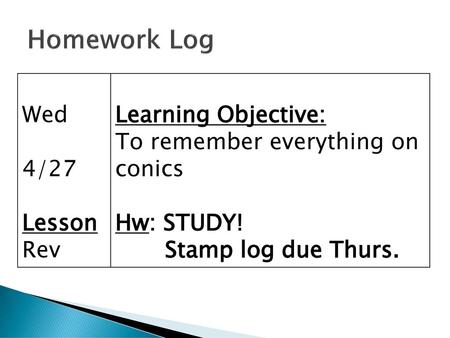 Homework Log Wed 4/27 Lesson Rev Learning Objective: