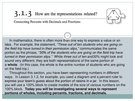 In mathematics, there is often more than one way to express a value or an idea.  For example, the statement, “Three out of ten students who are going on.