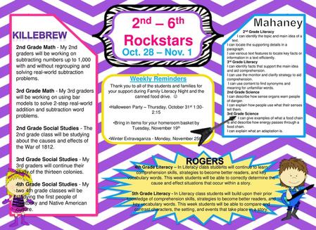 2nd – 6th Rockstars Mahaney Oct. 28 – Nov. 1 Killebrew Rogers