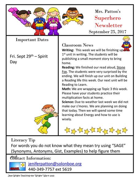 Superhero Newsletter Mrs. Patton’s September 25, 2017 Important Dates