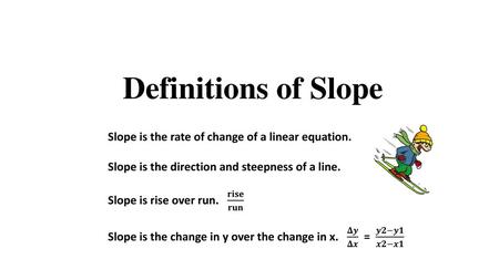 Definitions of Slope Slope is the rate of change of a linear equation.