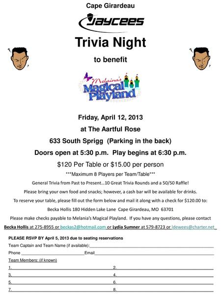 Trivia Night to benefit Cape Girardeau Friday, April 12, 2013