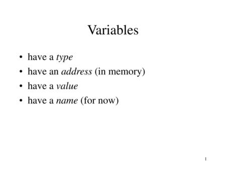 Variables have a type have an address (in memory) have a value