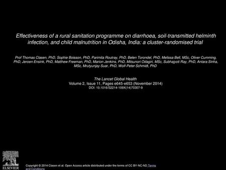 Effectiveness of a rural sanitation programme on diarrhoea, soil-transmitted helminth infection, and child malnutrition in Odisha, India: a cluster-randomised.