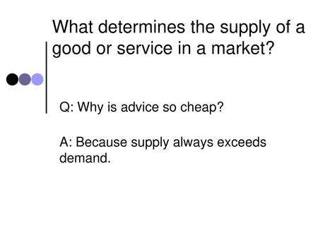 What determines the supply of a good or service in a market?