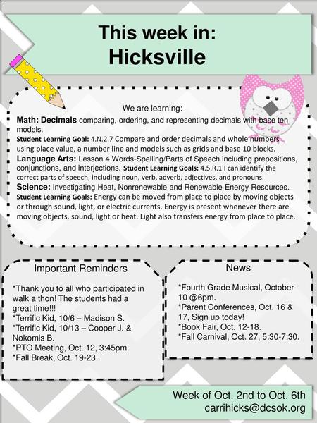 Hicksville This week in: We are learning: Week of Oct. 2nd to Oct. 6th