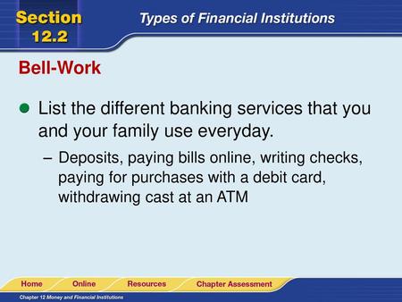 Bell-Work List the different banking services that you and your family use everyday. Deposits, paying bills online, writing checks, paying for purchases.