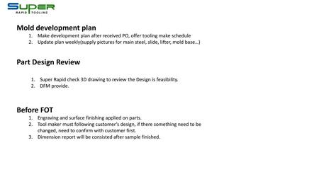 Mold development plan Part Design Review Before FOT