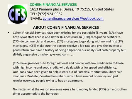 ABOUT COHEN FINANCIAL SERVICES