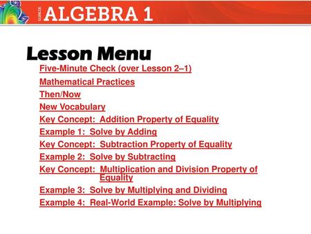 Five-Minute Check (over Lesson 2–1) Mathematical Practices Then/Now