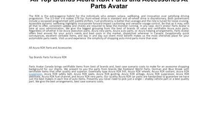 All Top Brands Acura RDX Parts and Accessories At Parts Avatar! The RDX is the luxury crossover for those who value comfort, safety, and technology over gratifying driving dynamics.