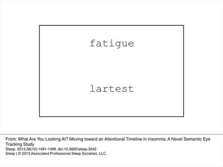 Figure 1 Example of stimulus presented during semantic eye tracking experiment. The position of the target word was counterbalanced across trials. “Fatigue”