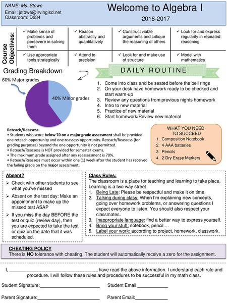 Welcome to Algebra I Grading Breakdown DAILY ROUTINE