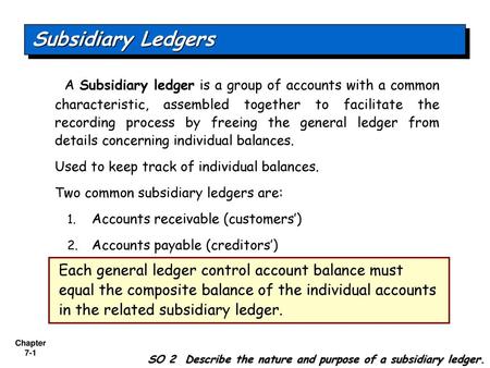 Subsidiary Ledgers A Subsidiary ledger is a group of accounts with a common characteristic, assembled together to facilitate the recording process by freeing.