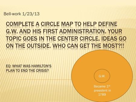 Bell-work 1/23/13 complete a circle map to help define G.W. and his first administration. Your topic goes in the center circle, ideas go on the outside.