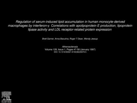 Regulation of serum-induced lipid accumulation in human monocyte-derived macrophages by interferon-γ. Correlations with apolipoprotein E production, lipoprotein.