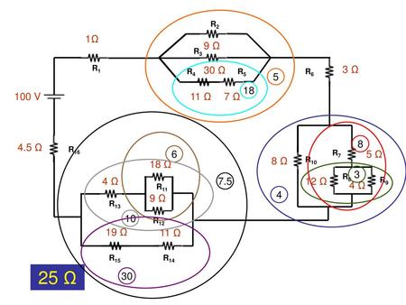 R2 1Ω 9 Ω R3 R1 30 Ω 3 Ω R4 R5 R6 5 18 100 V 11 Ω 7 Ω 8 4.5 Ω R16 6 R7 5 Ω 8 Ω R10 18 Ω 3 R8 4 Ω 7.5 12 Ω R9 4 Ω R11 4 9 Ω R13 10 R12 19 Ω 11 Ω R15 R14.