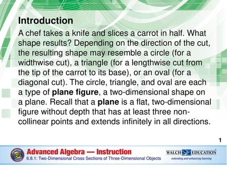 Introduction A chef takes a knife and slices a carrot in half. What shape results? Depending on the direction of the cut, the resulting shape may resemble.