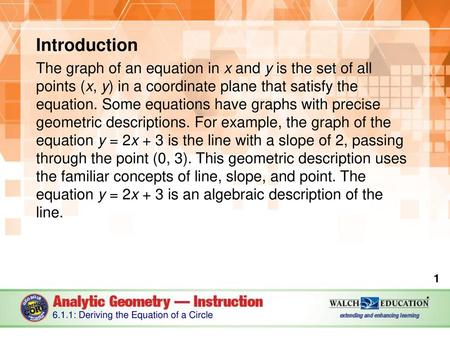 Introduction The graph of an equation in x and y is the set of all points (x, y) in a coordinate plane that satisfy the equation. Some equations have graphs.