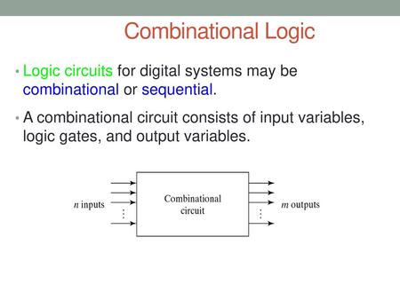 Combinational Logic Logic circuits for digital systems may be combinational or sequential. A combinational circuit consists of input variables, logic gates,