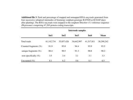 Additional file 3. Total and percentage of mapped and unmapped RNA-seq reads generated from four successive subapical internodes of bioenergy sorghum genotype.