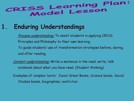 CRISS Learning Plan: Model Lesson