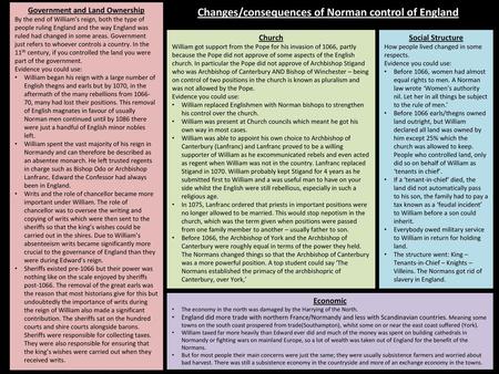 Changes/consequences of Norman control of England