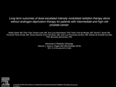 Long-term outcomes of dose-escalated intensity modulated radiation therapy alone without androgen deprivation therapy for patients with intermediate and.