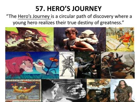 57. HERO’S JOURNEY “The Hero’s Journey is a circular path of discovery where a young hero realizes their true destiny of greatness.”