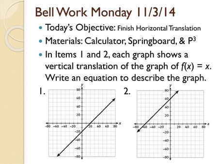 Bell Work Monday 11/3/14 Today’s Objective: Finish Horizontal Translation Materials: Calculator, Springboard, & P3 In Items 1 and 2, each graph shows a.