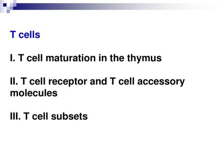 T cells I. T cell maturation in the thymus II