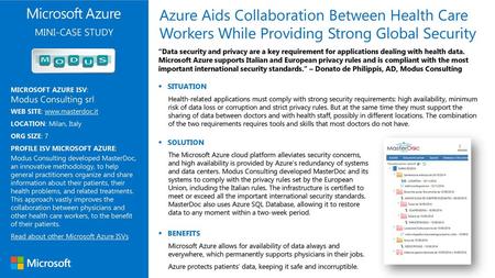 Azure Aids Collaboration Between Health Care Workers While Providing Strong Global Security MINI-CASE STUDY “Data security and privacy are a key requirement.