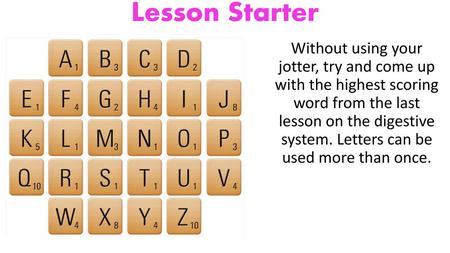 Lesson Starter Without using your jotter, try and come up with the highest scoring word from the last lesson on the digestive system. Letters can.