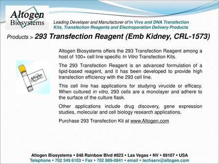 Products > 293 Transfection Reagent (Emb Kidney, CRL-1573)