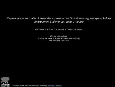 Organic anion and cation transporter expression and function during embryonic kidney development and in organ culture models  D.H. Sweet, S.A. Eraly,