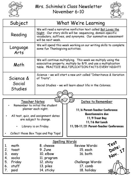 Subject What We’re Learning Mrs. Schimke’s Class Newsletter