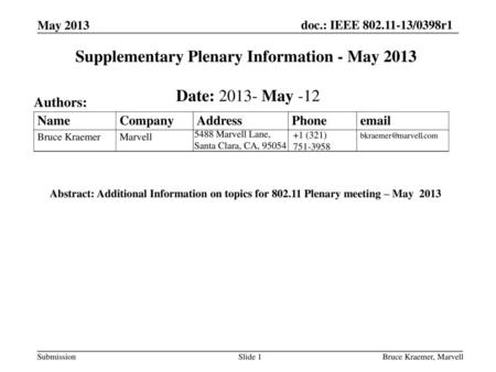 Supplementary Plenary Information - May 2013