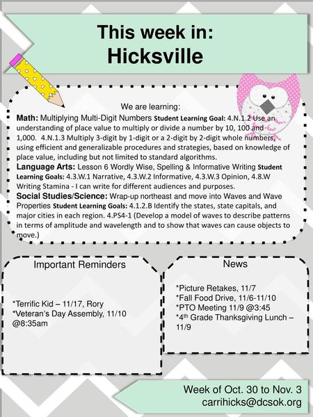 Hicksville This week in: We are learning: Week of Oct. 30 to Nov. 3