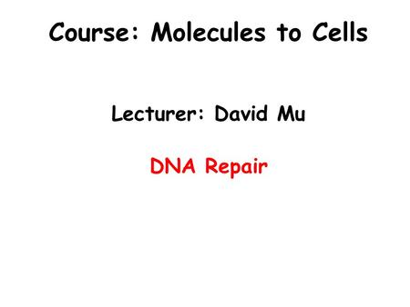 Transcription Course: Molecules to Cells Lecturer: David Mu DNA Repair.