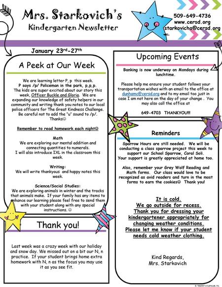 Mrs. Starkovich’s Thank you! Upcoming Events A Peek at Our Week