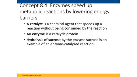 Concept 8.4: Enzymes speed up metabolic reactions by lowering energy barriers A catalyst is a chemical agent that speeds up a reaction without being consumed.