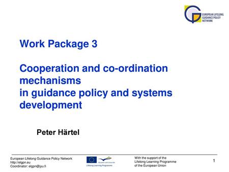 Work Package 3 Cooperation and co-ordination mechanisms in guidance policy and systems development Peter Härtel.