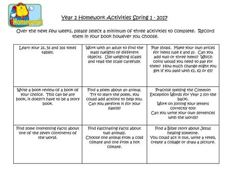 Year 2 Homework Activities Spring