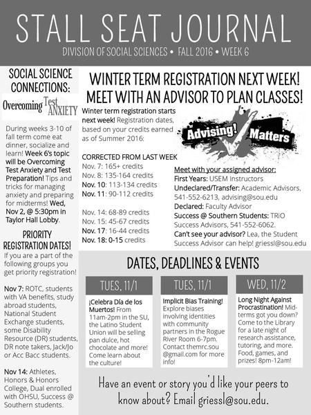 STALL SEAT JOURNAL WINTER TERM REGISTRATION NEXT WEEK!