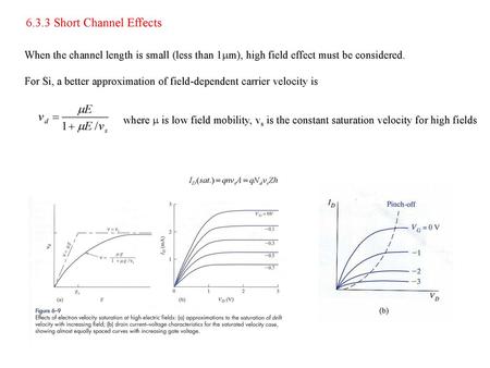 6.3.3 Short Channel Effects When the channel length is small (less than 1m), high field effect must be considered. For Si, a better approximation of field-dependent.