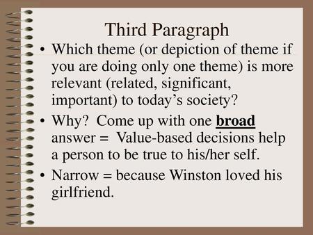 Third Paragraph Which theme (or depiction of theme if you are doing only one theme) is more relevant (related, significant, important) to today’s society?