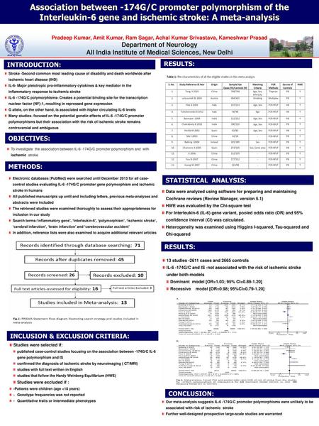 Association between -174G/C promoter polymorphism of the Interleukin-6 gene and ischemic stroke: A meta-analysis Pradeep Kumar, Amit Kumar, Ram Sagar,